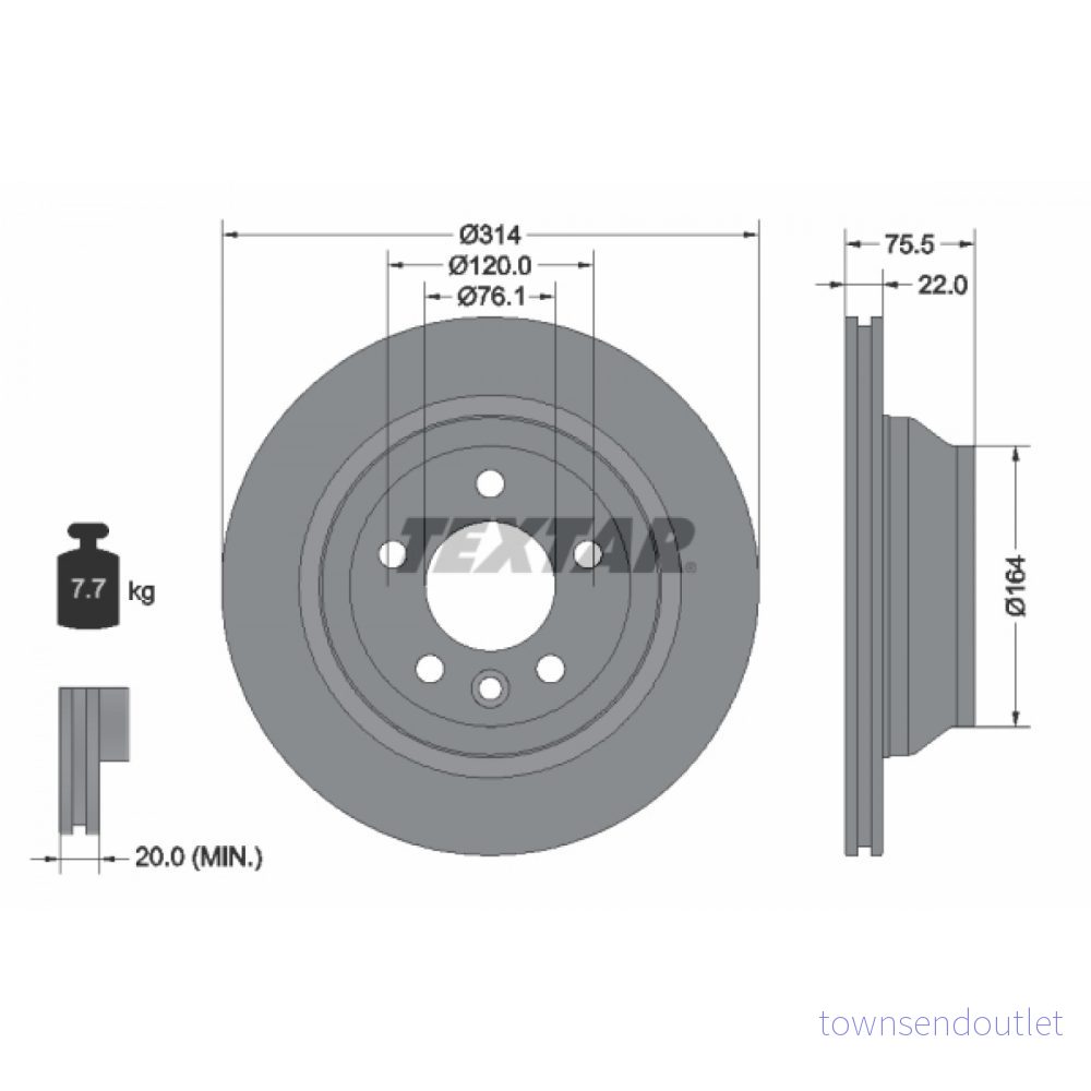 TEXTAR PRO 92121903 Disque de frein 314 22 05/06 120 ventilé l'extérieur revêtu sans boulon fix roue, moyeu roue 4019722302190